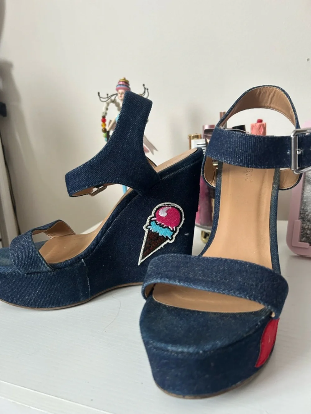 Denim Wedge Sandals with Rainbow & Heart Patches - Picture 3 of 7